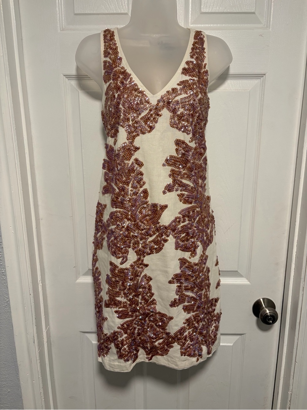 Jcrew Ivory V-Neck Linen iridescent Sequin Dress
